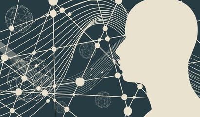 Wall Mural - Profile of the head of a man. Mental health relative design template. Scientific medical designs. Connected lines with dots.