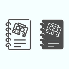 Poster - Album line and solid icon. Page with photo vector illustration isolated on white. Sheet with picture and text outline style design, designed for web and app. Eps 10.