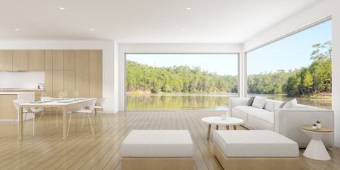 View of living room in minimal style with white sofa and small side table on wood laminate floor on lake view background. 3D rendering.	