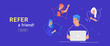 Refer a friend flat vector illustration of happy teenage man using laptop to invite friends