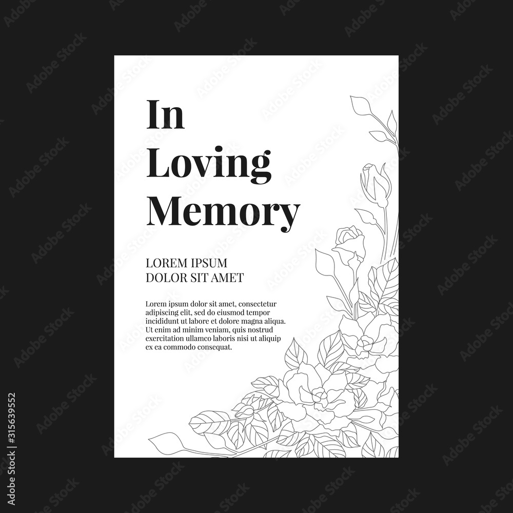Funeral banner - In loving memory text and simple text on A4 white paper with abstract line rose texture vector design - obrazy, fototapety, plakaty 