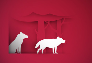 Wall Mural - Two wolf on red forest in paper cut trendy craft cartoon style. Minimalistic creative modern design for advertising, branding background greeting card, cover, poster, banner. Vector illustration.