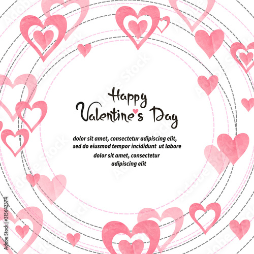Valentines Day circle frame with watercolor pink hearts. Love vector illustra...