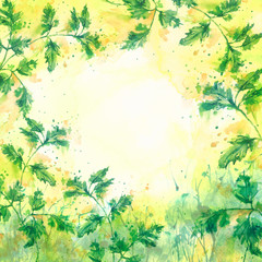 Wall Mural - Watercolor green background, blot, blob, splash of green paint. Wild grass, bushes, country abstract landscape. Watercolor card, banner. Mint leaves, parsley, basil, lettuce in the garden.