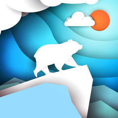 Wall Mural - White polar bear standing on ice mountain in paper cut trendy craft cartoon style. Minimalistic creative modern design for branding background card, cover, poster, banner. Vector illustration.