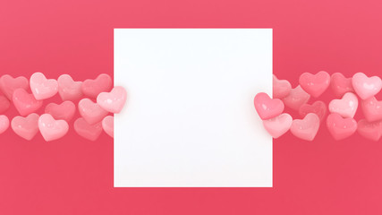 Wall Mural - Hearts frame background. Valentines day wallpaper. 3d illustration. Wedding or marriage celebration. Romantic poster or banner hearts backdrop. Pastel pink love. Place for text.