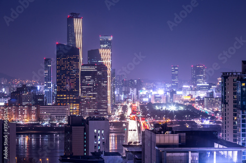 seoul city and skyscraper, yeouido at night, south korea. Wallpaper Mural