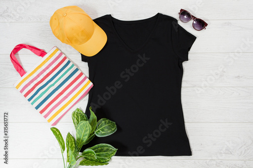 T Shirt Black T Shirt Mockup Flat Lay With Summer Accessories Baseball Hat Bag And Sunglasses On Wooden Floor Background Copy Space Template Blank Canvas Front Top View Buy This Stock Photo