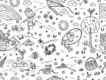 Children Outdoor Activities. Summer Camp Or Holidays. Summer Vacation. Happy Children Playing In The Park. Kids At The Picnic. Hand Drawn Doodle Childhood Seamless Pattern. Background For Kids
