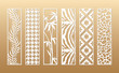 6 Laser cut vector panels (ratio 1:4). Cutout silhouette with animal skin, palm, bamboo, hounds tooth, flowers. The set is suitable for engraving, laser cutting wood, metal, stencil manufacturing.