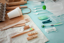 Disposable Plastic Dishes, Bags, Toothbrush, Clothespins And Cotton Buds Made Of Wood And Plastic.Eco, Plastic Free And Save Earth Concept.