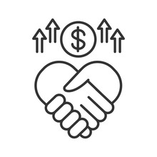 Sponsorship line black icon. Handshake and money. Fundraising vector pictogram. Charity and volunteering symbol. Button for web page, mobile app, promo, UI UX user interface. Editable stroke.