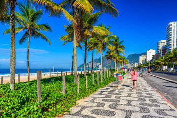 Fototapete - Ipanema beach with mosaic of sidewalk in Rio de Janeiro, Brazil.