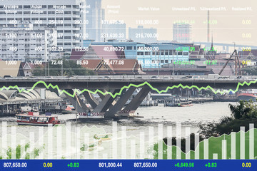 Wall Mural - Stock financial index show successful investment on infrastructure, property development, tourist travel destination and transportation business on urban life background.