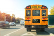 Big classic vintage american yellow schoolbus standing on a bus lane at highway and waiting pupils and children for school trip road. School bus transport back door view on route bright morning time