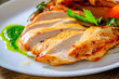 © pavel siamionov - Grilled chicken breast with potato in a plate on wooden table