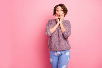 Poster - Portrait of her she nice attractive lovely winsome charming amazed cheerful cheery brown-haired girl stunning news isolated over pink pastel color background