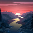 Background with landscape. The river flows from afar, mountains and spruce forest. Background with dawn,