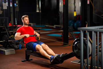 Wall Mural - Young Muscular Fit Man using Rowing Machine at Gym