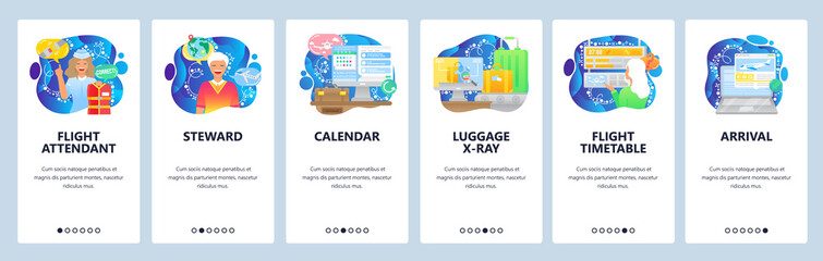 Wall Mural - Air travel icons, flight attendant, timetable, arrival, luggage, security. Mobile app onboarding screens. Menu vector banner template for website and mobile development. Web site design illustration