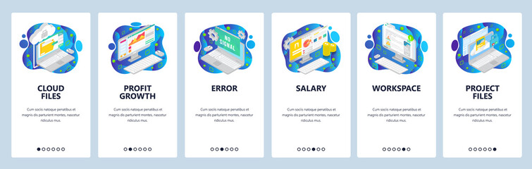 Technology and financial isometric icons, money chart, cloud service, workspace. Mobile app onboarding screens. Menu vector banner template for website and mobile. Web site design flat illustration