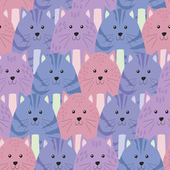 Wall Mural - Seamless pattern. Cute cartoon cats on a colored background. Flat vector illustration.