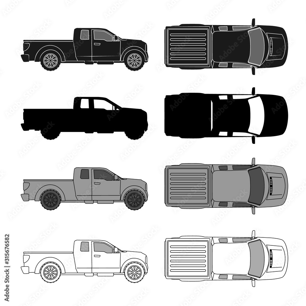 car top view sketch contour shape and side pickup , for parking scheme or architecture presentation , actual proportion size. Black isolated on white vector, popular brand Ford F-150, common model - obrazy, fototapety, plakaty 