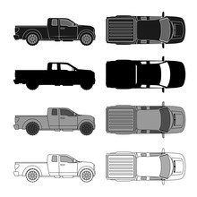 Car Top View Sketch Contour Shape And Side Pickup , For Parking Scheme Or Architecture Presentation , Actual Proportion Size. Black Isolated On White Vector, Popular Brand Ford F-150, Common Model