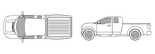 Car Top View Sketch Contour Shape And Side Pickup , For Parking Scheme Or Architecture Presentation , Actual Proportion Size. Black Isolated On White Vector, Popular Brand Ford F-150, Common Model