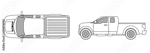Fotografía car top view sketch contour shape and side pickup , for parking scheme or architecture presentation , actual proportion size