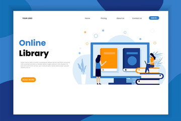 Wall Mural - Online library landing page template with character. Online reading illustration. 