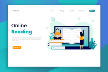 Wall Mural - Online reading landing page template with character. Online library illustration. 