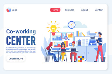 Aufkleber - Co-working center center landing page vector template. Office structure, workplace and rest zone, company staff, employees faceless characters. Teamwork, cooperation web banner homepage design layout