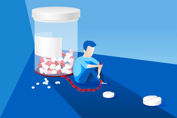 Vector of a sick man with painkiller addiction