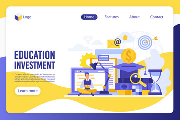 Poster - Education investment flat landing page vector template. Student, learner, man reading book faceless character. Target, e-learning, goal achievement web banner homepage design layout