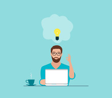Vector Of A Man With Idea Working On Laptop