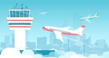 Vector Of An Airport Control Tower And Airplanes Taking Off And Landing