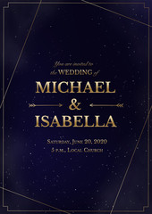 Wall Mural - wedding invitation vertical card on magic night dark blue sky with sparkling stars and nebula. vecto