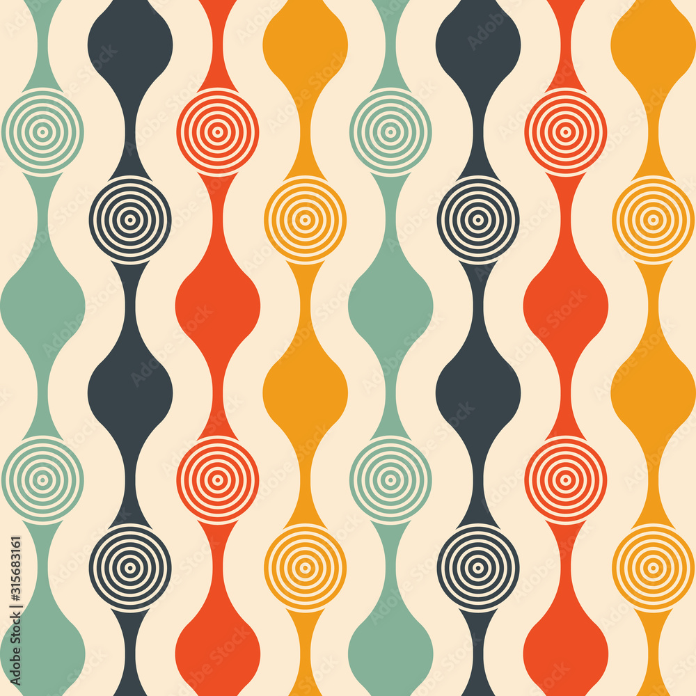 Retro seamless pattern - colorful nostalgic background design with circles - obrazy, fototapety, plakaty 