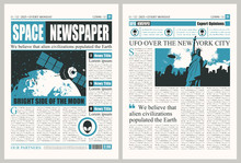 Vector Template For The Layout Of The Newspaper On The Theme Of UFOs. Newspaper Columns With Unreadable Text, Headlines And Illustrations On The Theme Of Extraterrestrial Civilizations, Alien In USA