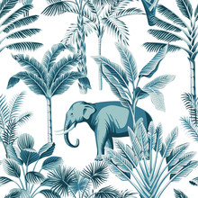 Tropical Vintage Blue Elephant Wild Animals, Palm Tree, Banana Tree And Plant Floral Seamless Pattern White Background. Exotic Jungle Safari Wallpaper.