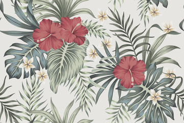 Tropical vintage faded flower hibiscus, plumeria floral green palm leaves seamless pattern grey background. Exotic jungle wallpaper.