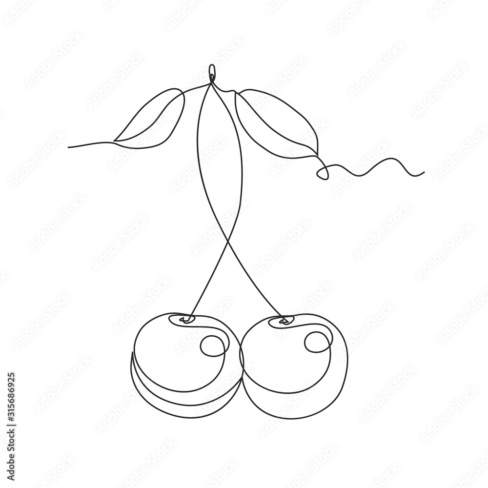 Cherry one line drawing on white isolated background for grocery store ...