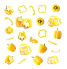 Set Of Ripe Yellow Bell Peppers On White Background, Top View