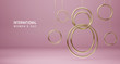 Happy International Women's Day background. Banner with golden decor elements 8 number 3D rendering. Symbol of the spring of March, greeting card.