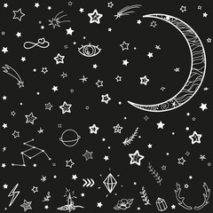 Wall Mural - Crescent moon and different abstract elements on isolated background. Line art creation. Black and white illustration