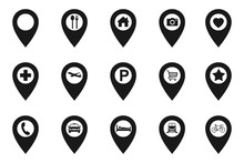 Set Pointers, Parking, Restaurants, Hospitals, Supermarkets, Telephones, Stars, Terminals, Hotels, Stations, Bicycles, Heart, Camera House, Airplane. Location Icon Map Pin Pointer. Navigation Pointer