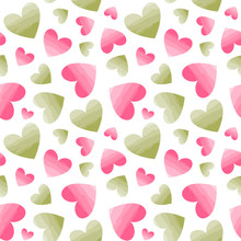 Seamless Vector Pattern With Green And Pink Hearts. Illustration With Watercolor Effect.