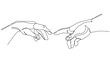 Adam and God hands one line drawing on white isolated background