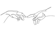Adam And God Hands One Line Drawing On White Isolated Background